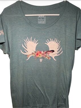 Girls With Guns Guitars Teal Graphic Tee with Floral Moose Antlers Large Country